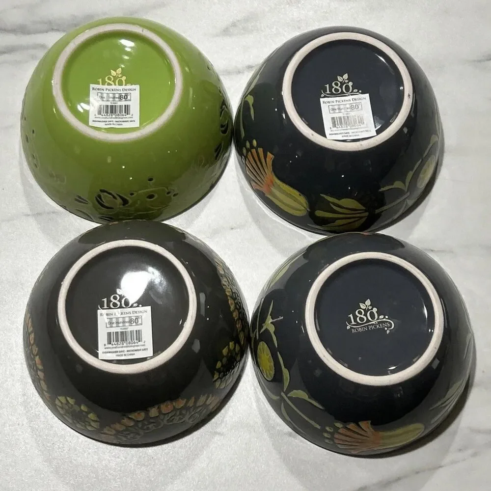 180 Robin Pickens Cereal Bowls Green Floral Textured Set of 4 Mixed Patterns